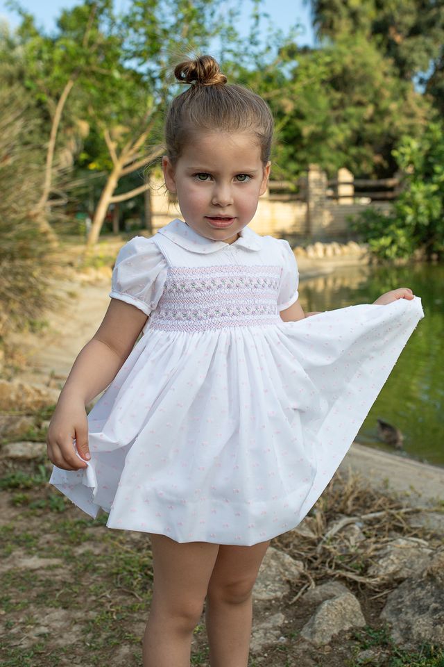 Naxos White, Pink & Lilac Pastel Hand Smocked Dress - 7725
