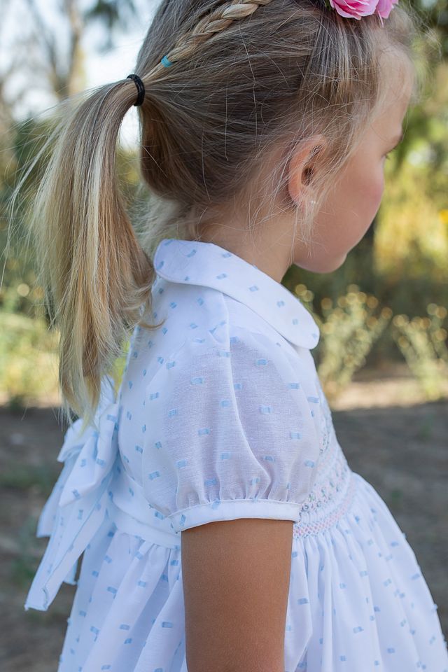 Naxos White, Blue & Pink Pastel Hand Smocked Dress - 7725