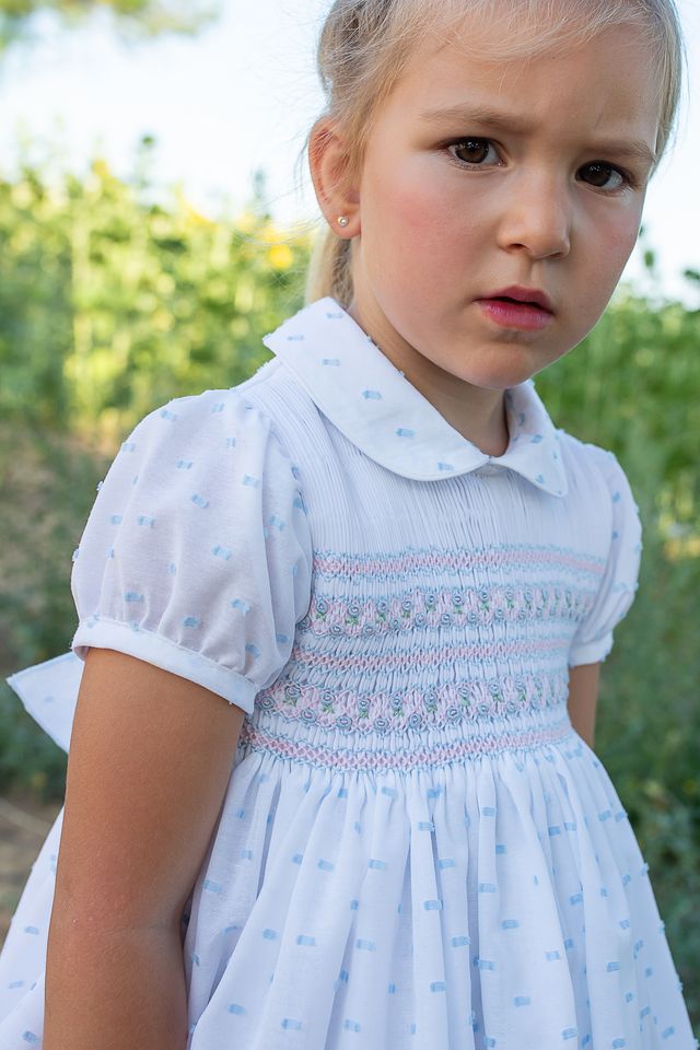 Naxos White, Blue & Pink Pastel Hand Smocked Dress - 7725