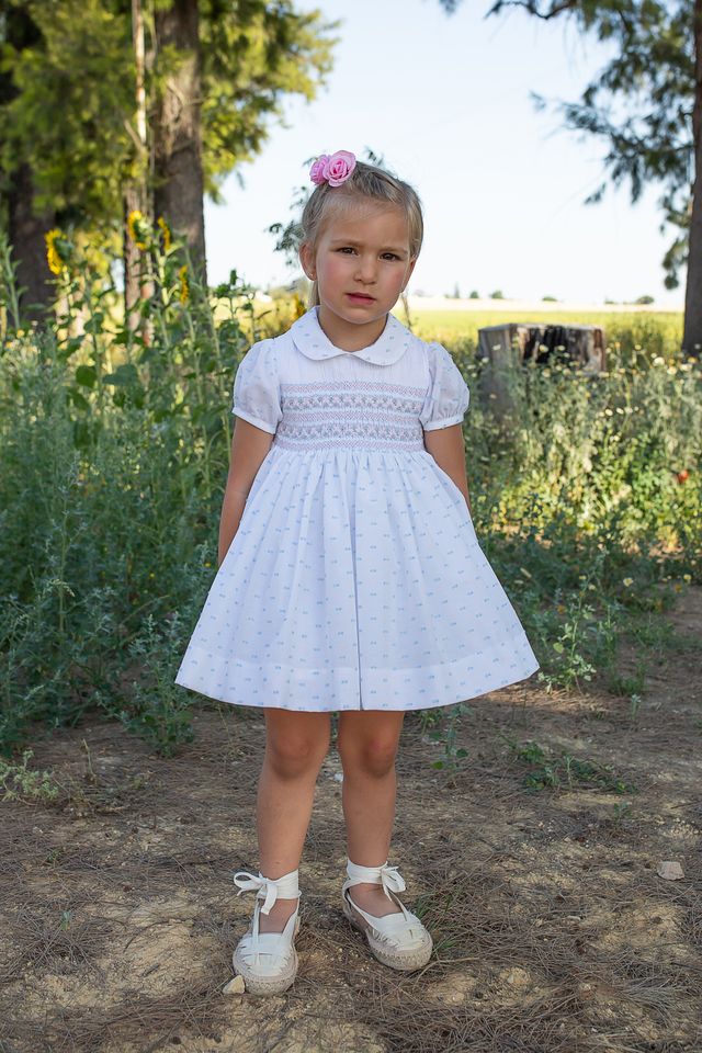Naxos White, Blue & Pink Pastel Hand Smocked Dress - 7725
