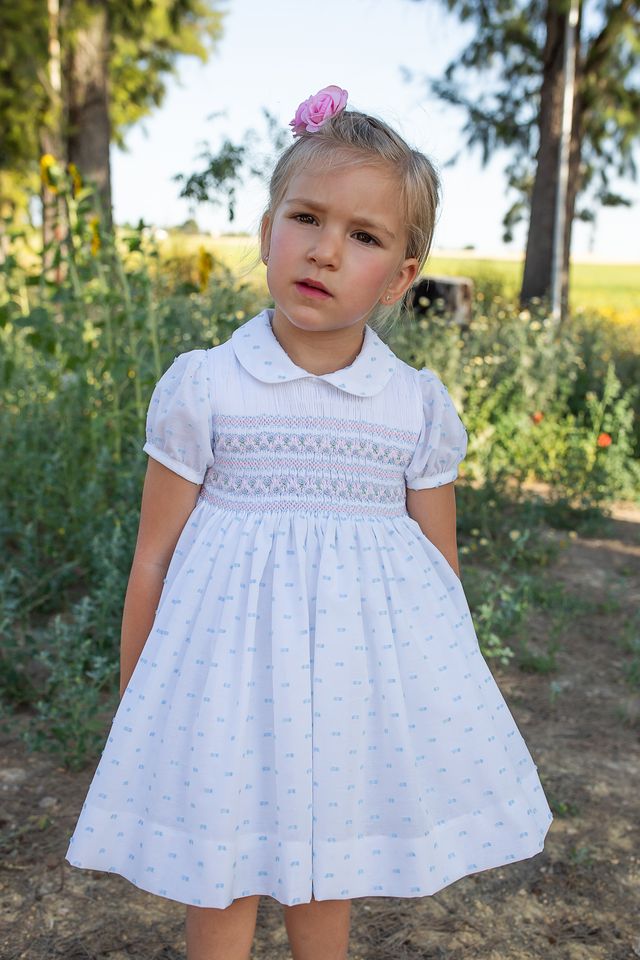 Naxos White, Blue & Pink Pastel Hand Smocked Dress - 7725