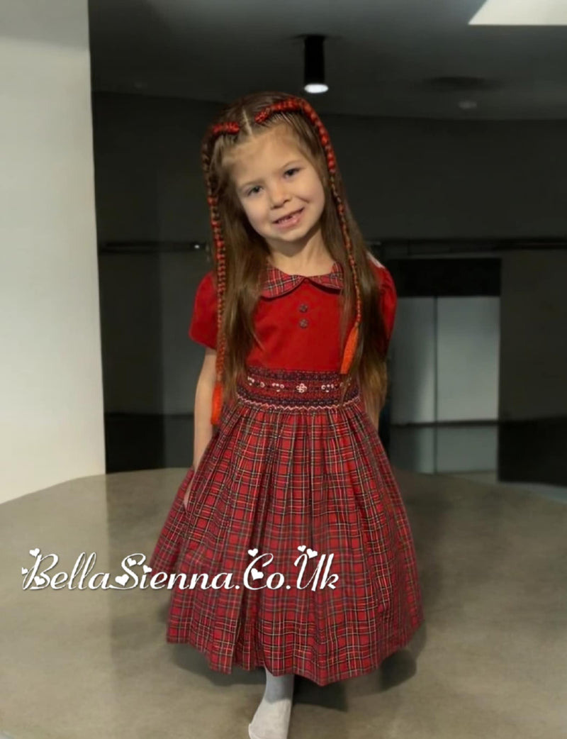 Pretty Originals Red Tartan Hand Smocked Dress & Headband - MC01371
