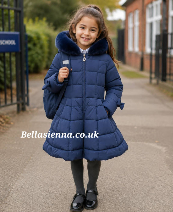 Georgio Bambini Girls Navy Hooded Puffer Coat with Faux Fur Trim DH03