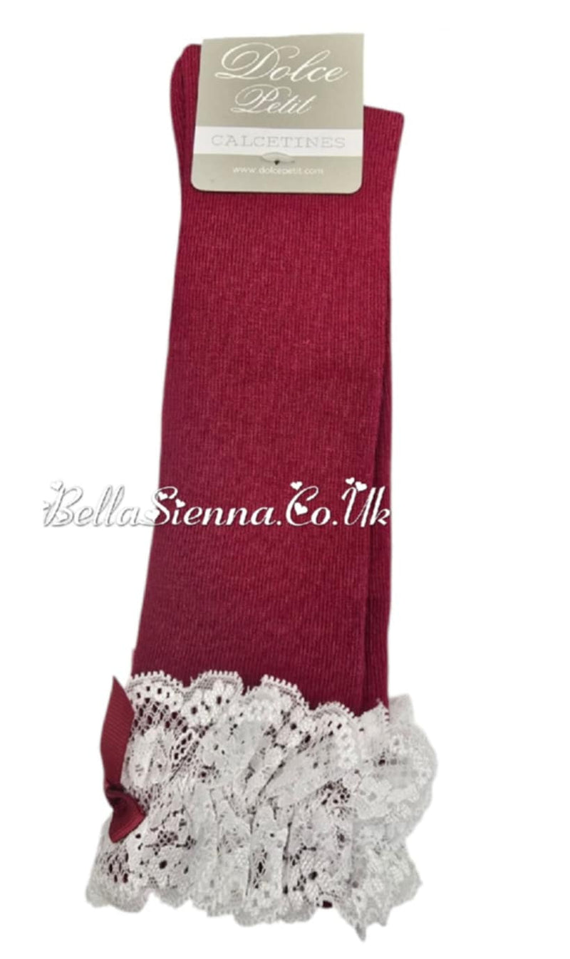 Dolce Petit Girls Burgundy Knee High Lace Top Socks