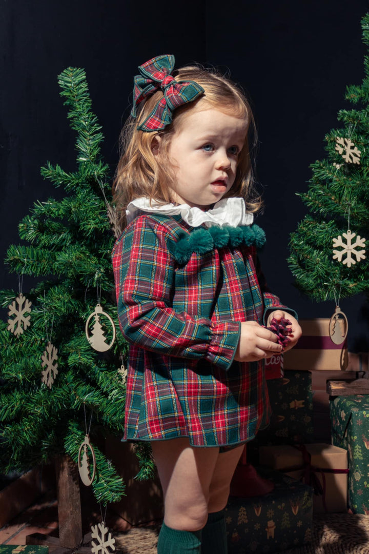 Calamaro Baby Girls Red & Green Tartan Pom Pom Dress & Pants Set - 22104