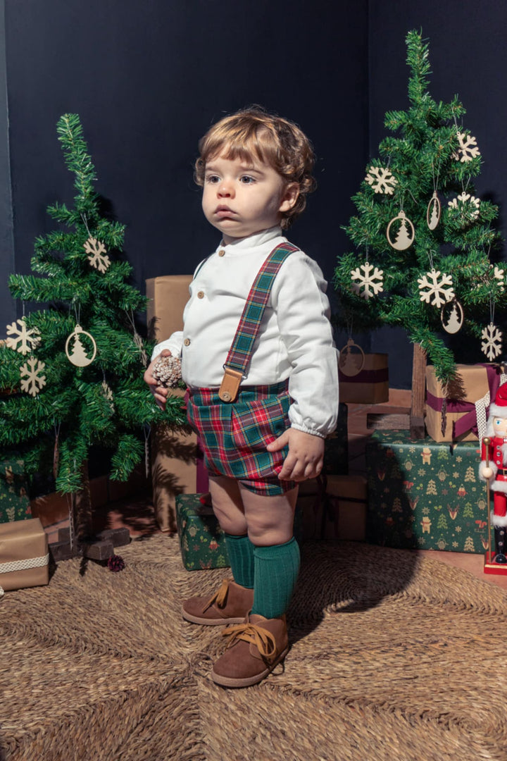 Calamaro Boys Red & Green Tartan Shirt & Dungaree Set - 11246