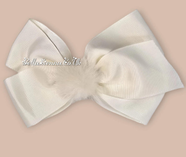 Bowtique London 4 Inch Ivory Medium Size Hair Bow With Fur Pom