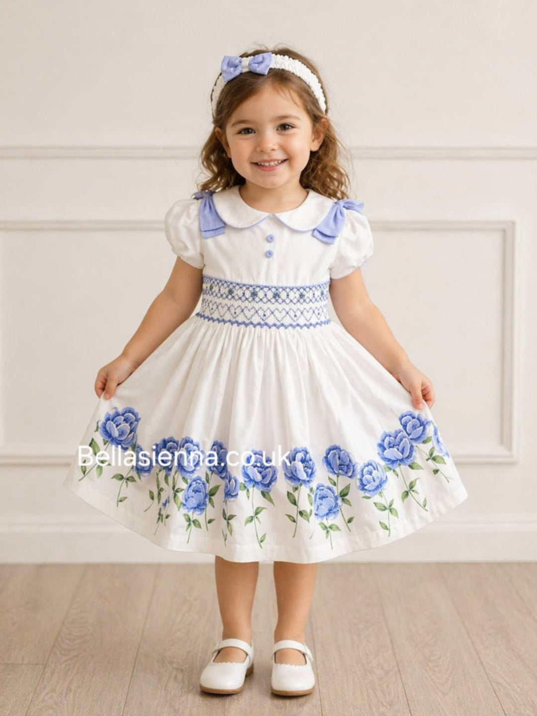 Pretty Originals White & Blue Floral Hand Smocked Dress & Headband - MC01308
