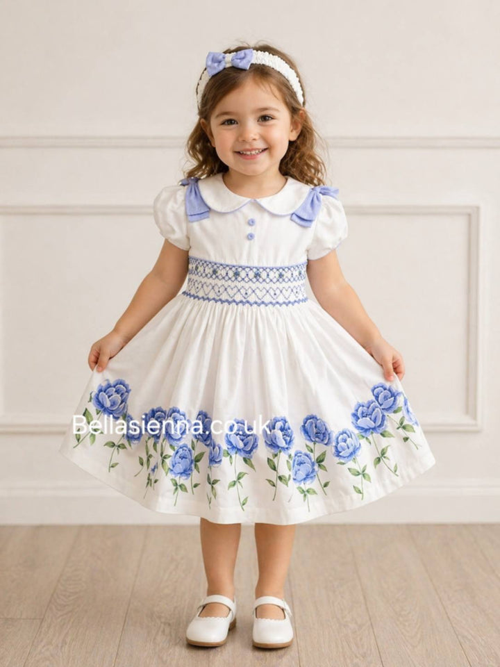 Pretty Originals White & Blue Floral Hand Smocked Dress & Headband - MC01308
