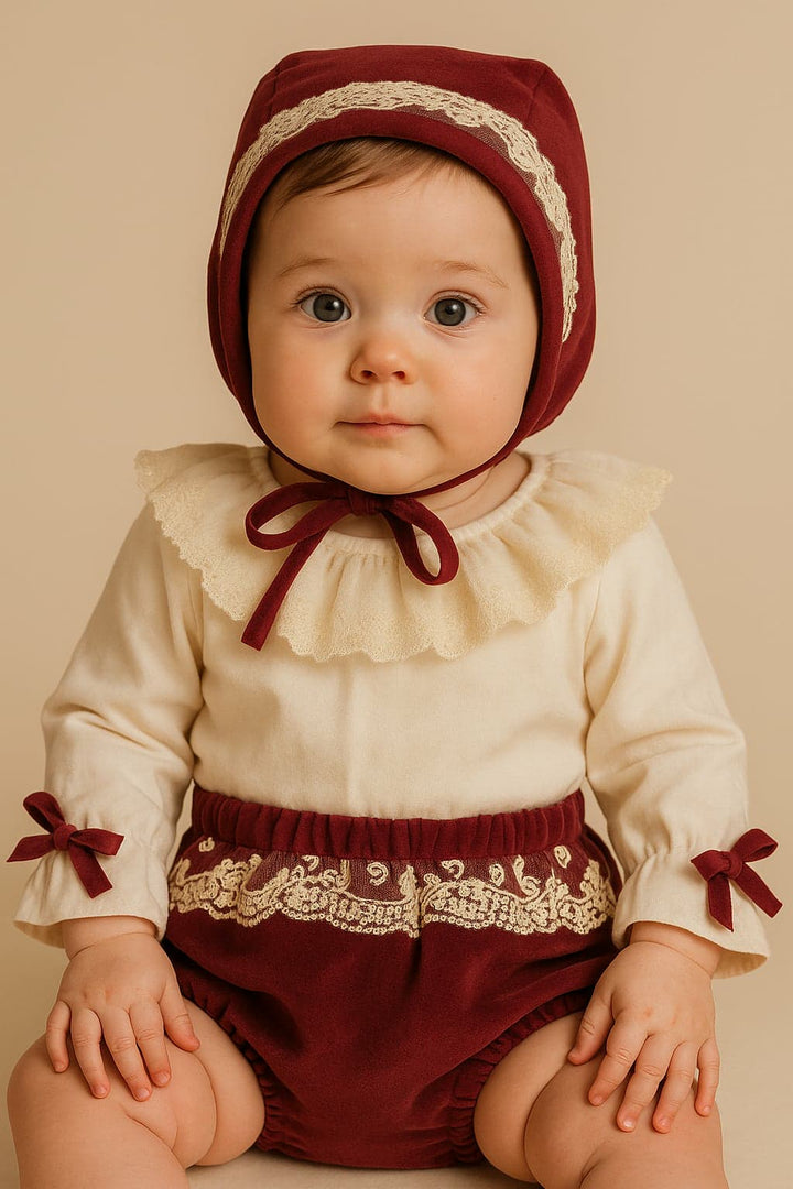 Calamaro Baby Girls Three Piece Burgundy Velvet Jam Pants & Bonnet - 11247 - 75140