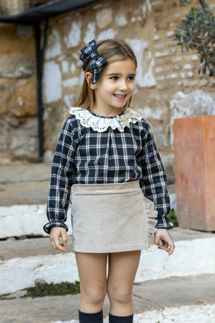 Calamaro Girls Beige Corduroy Skort & Blouse Set - 11237