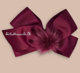 Bowtique London 6 Inch Burgundy Grosgrain Large Hair Bow With Fur Pom