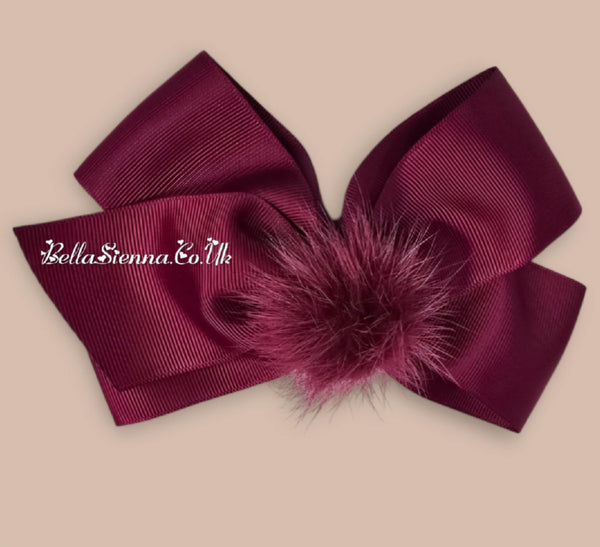 Bowtique London 4 Inch Burgundy Grosgrain Medium Hair Bow With Fur Pom