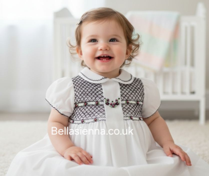 Sarah Louise Ivory & Plum Hand Smocked Dress - 013744S