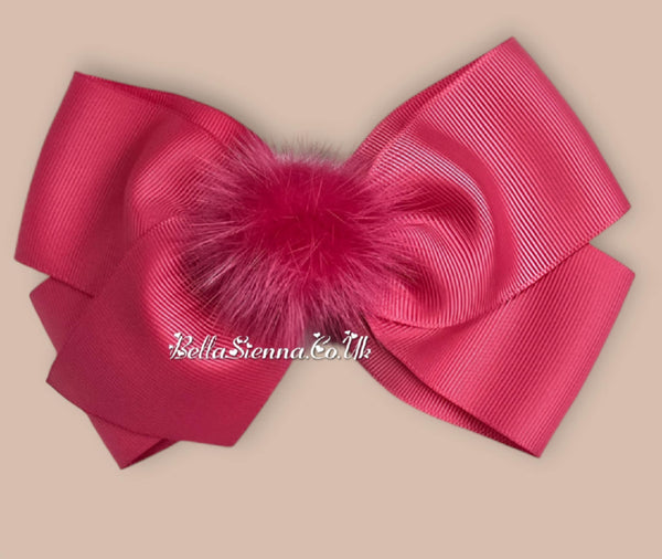 Bowtique London 6 Inch Fuchsia Pink Grosgrain Large Hair Bow With Fur Pom