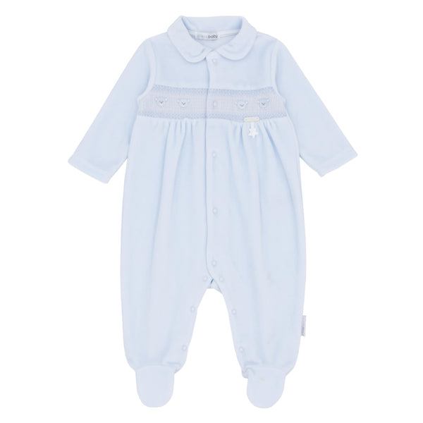 Blues Baby Boys Blue Velour All In One Smocked Teddy Bear Babygrow Sleepsuit - BB2066B