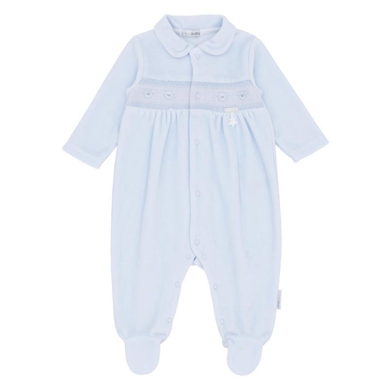 Blues Baby Unisex White Velour All In One Smocked Teddy Bear Babygrow Sleepsuit - BB2066W