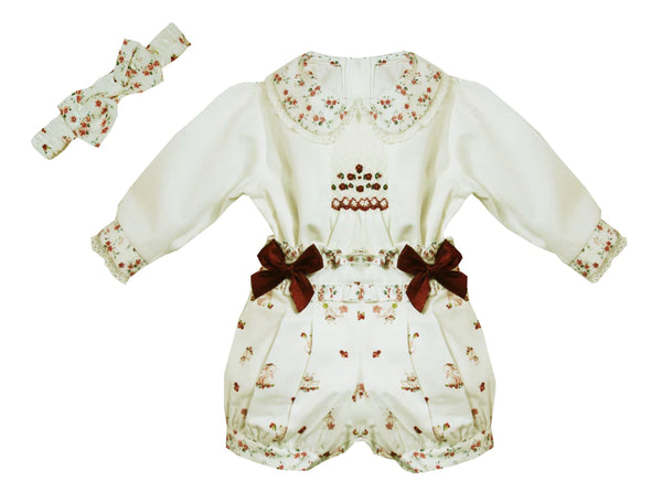 Pretty Originals Ivory & Wine Bunny Rabbit Print Smocked Outfit - MT02138