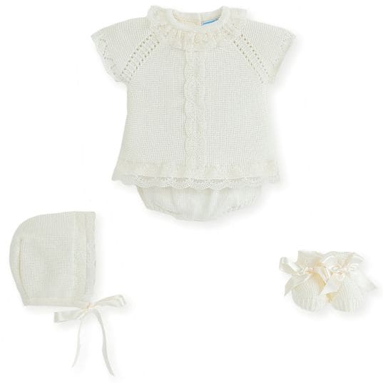 Mac ilusion Three Piece fine Knitted Outfit For Newborn Baby Girl 8029 Ivory