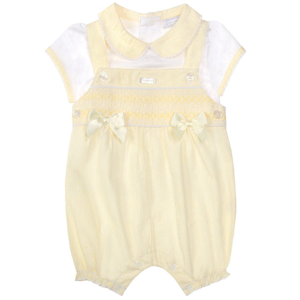 Girls Two Piece Lemon & White Smocked Dungaree & Top Set With Bows - 8045A