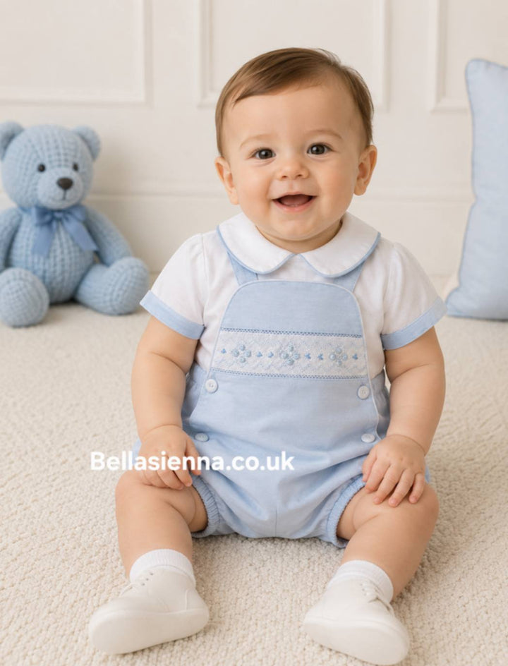 Pretty Originals Boys White & Blue Embroidered Shirt & Romper Set - DL61807