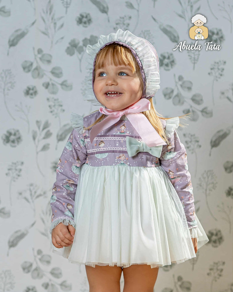 Abuela Tata Lilac & Green Tulle Ballerina Dress, Pants & Bonnet Set - 1299400