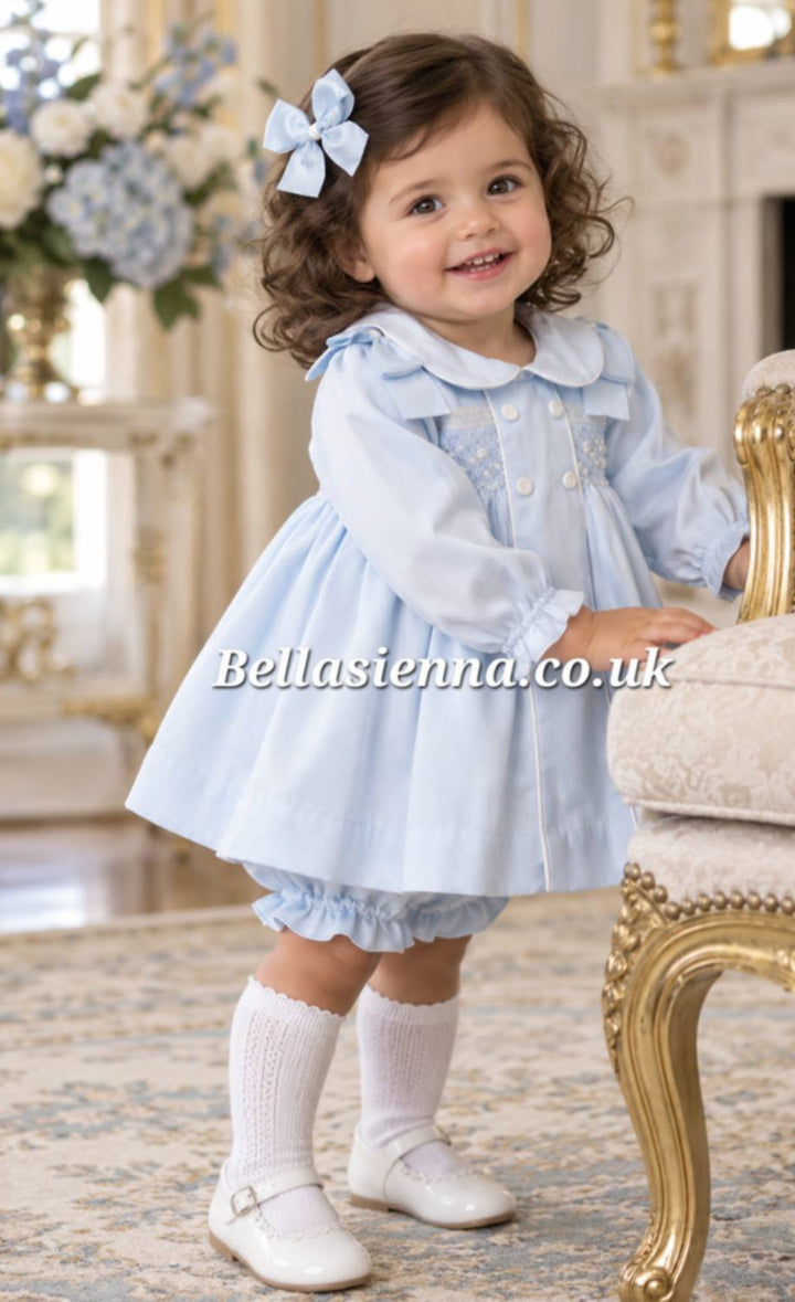 Pretty Originals Pale Blue Smocked Dress, Bloomers & Headband Set - MT02366