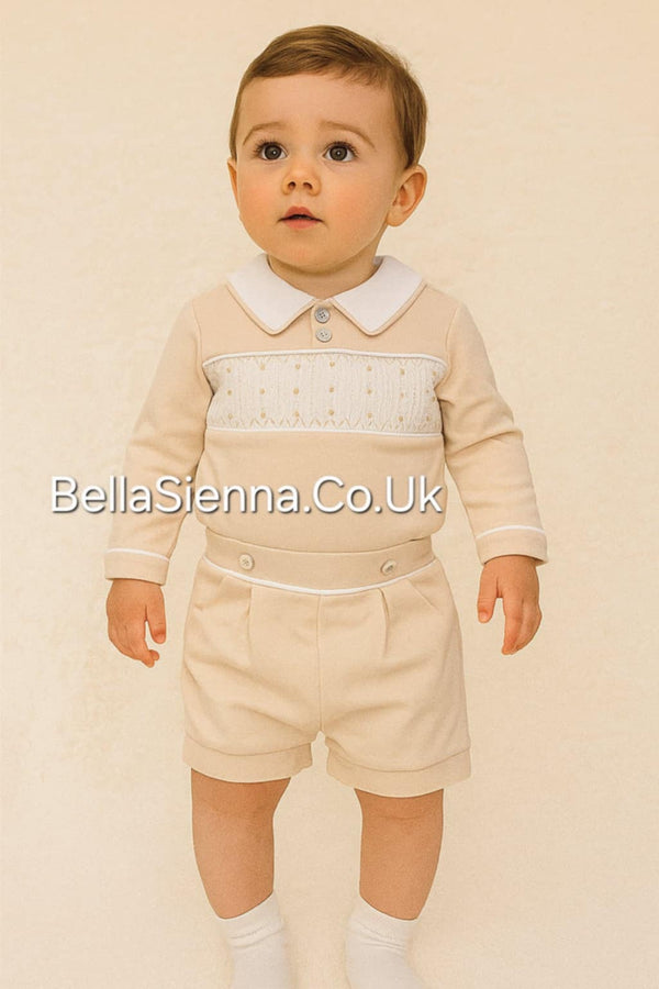 Mintini Baby Boys Beige & Ivory Smocked Top & Shorts Set - MB6582