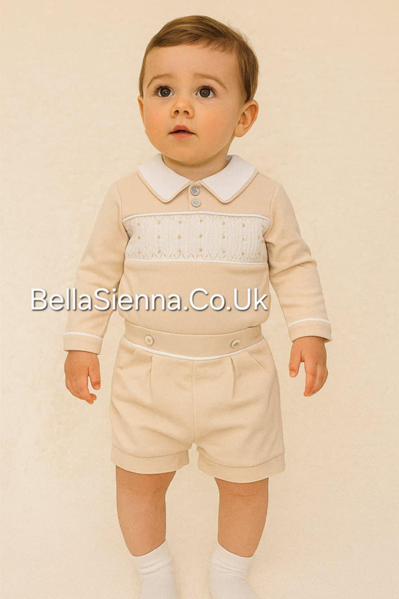 Mintini Baby Boys Beige & Ivory Smocked Top & Shorts Set - MB6582
