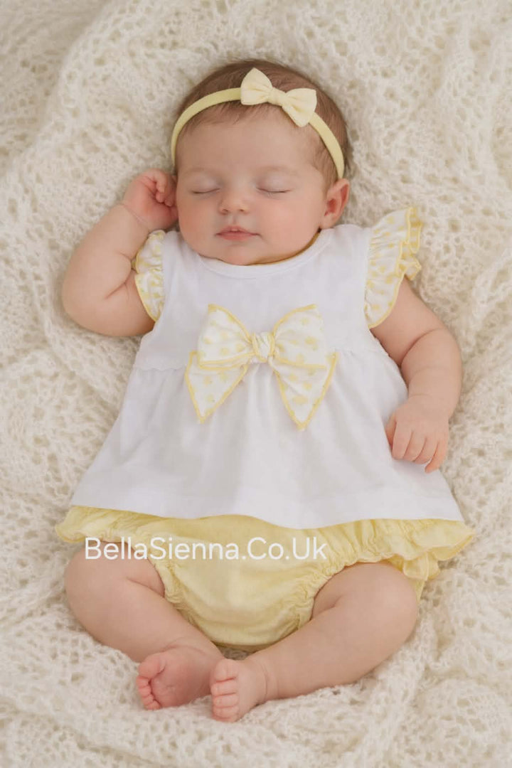 Calamaro Baby Girls Lemon & White Jam Pants Set With Bow - 11107