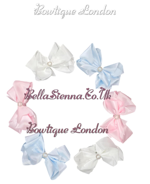 Bowtique London 6 Inch Blue Satin Large Hair Bow With Diamanté Centre
