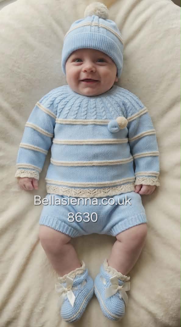 Mac ilusion Unisex Blue & Beige Pom Pom Four Piece Knitted Outfit - 8630 - Celeste