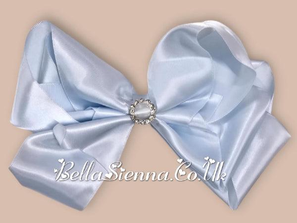 Bowtique London 6 Inch Blue Satin Large Hair Bow With Diamanté Centre