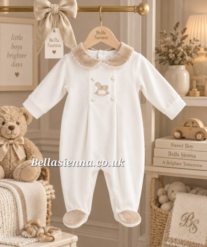 Ivory & Beige Rocking Horse Velour All In One Babygrow - "George"