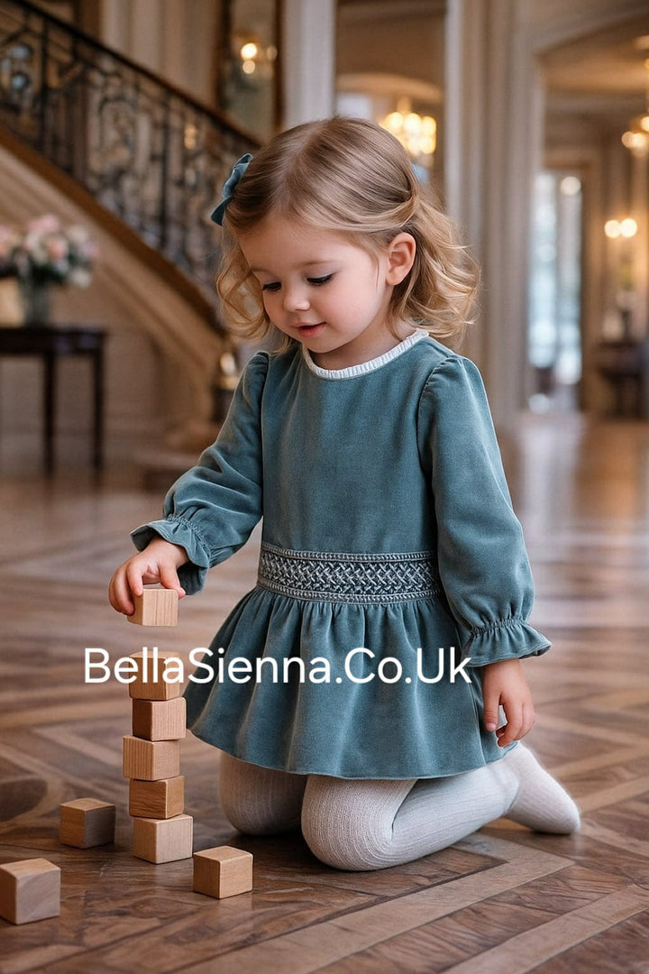 Mayoral Velvet Smocked Detail Dress - 2938 - Lake - Green