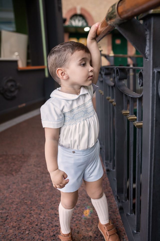 Naxos Ivory & Blue Hand Smocked Boys Two Piece Outfit - 7610