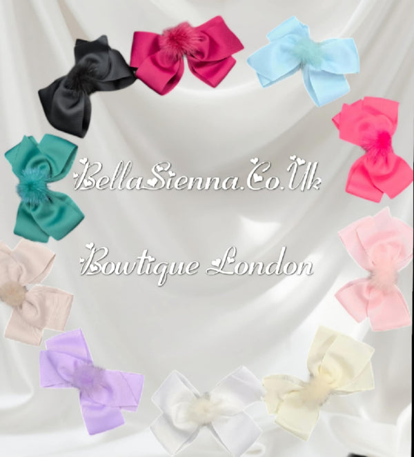 Bowtique London 4 Inch Blue Grosgrain Medium Size Hair Bow With Fur Pom