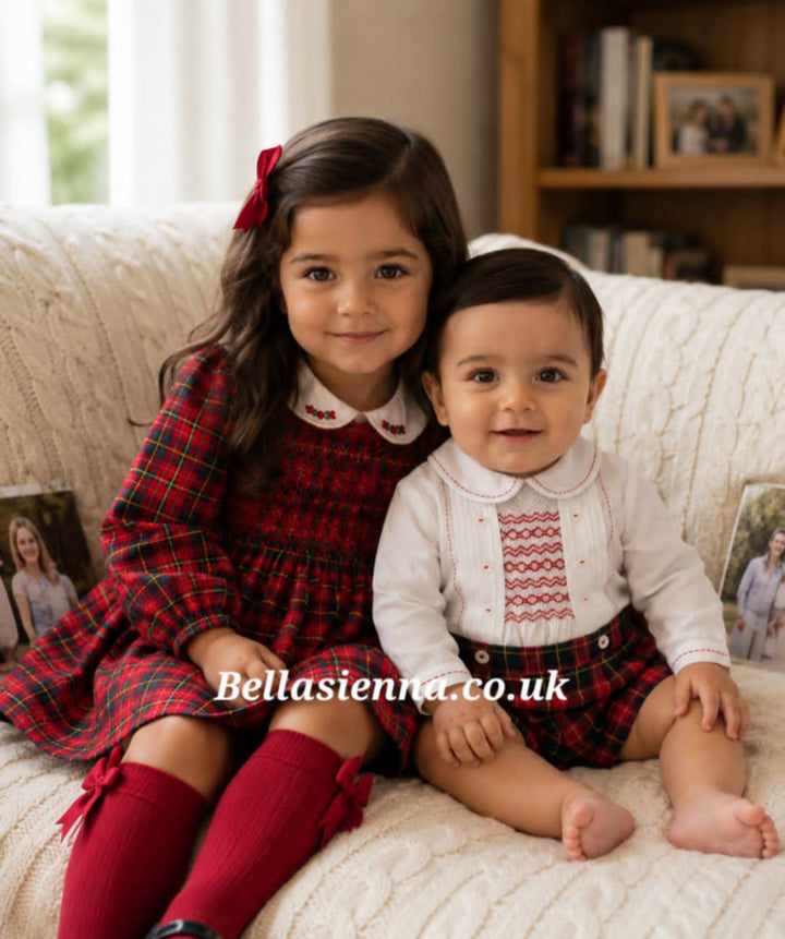 Sarah Louise Girls Red & Bottle Green Tartan Hand Smocked Dress - 013968