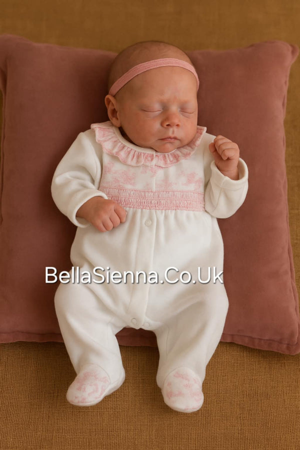 Deolinda Baby Girls "ROMERA" White & Pink Velour Smocked Babygrow - DBI25121
