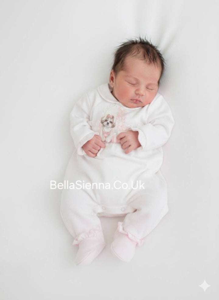 Sofija "Dafne" 100% Cotton Babygrow - Sleepsuit - White With Pink Trim