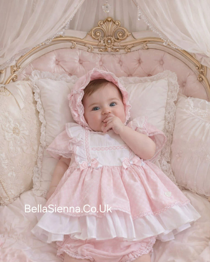 Dolce Petit Girls Pink & White Dress, Pants & Bonnet Set - 2015 VGB