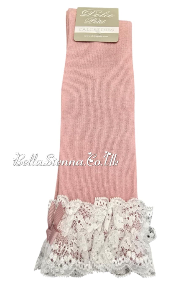 Dolce Petit Girls Baby Dusky Pink Knee High Lace Top Socks