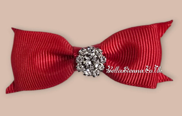 Bowtique London 2 Inch Red Grosgrain Small Size Hair Bow With Diamanté Centre