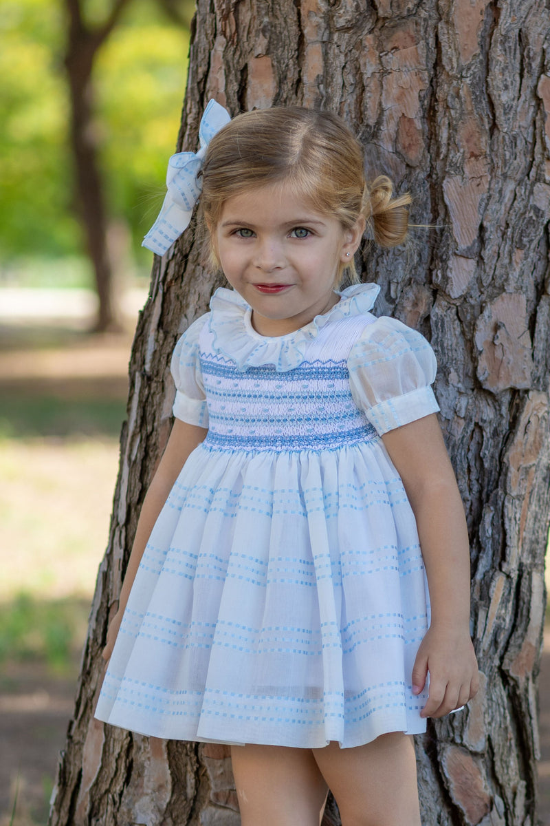 Naxos Hand Smocked White & Blue Dress - 7332