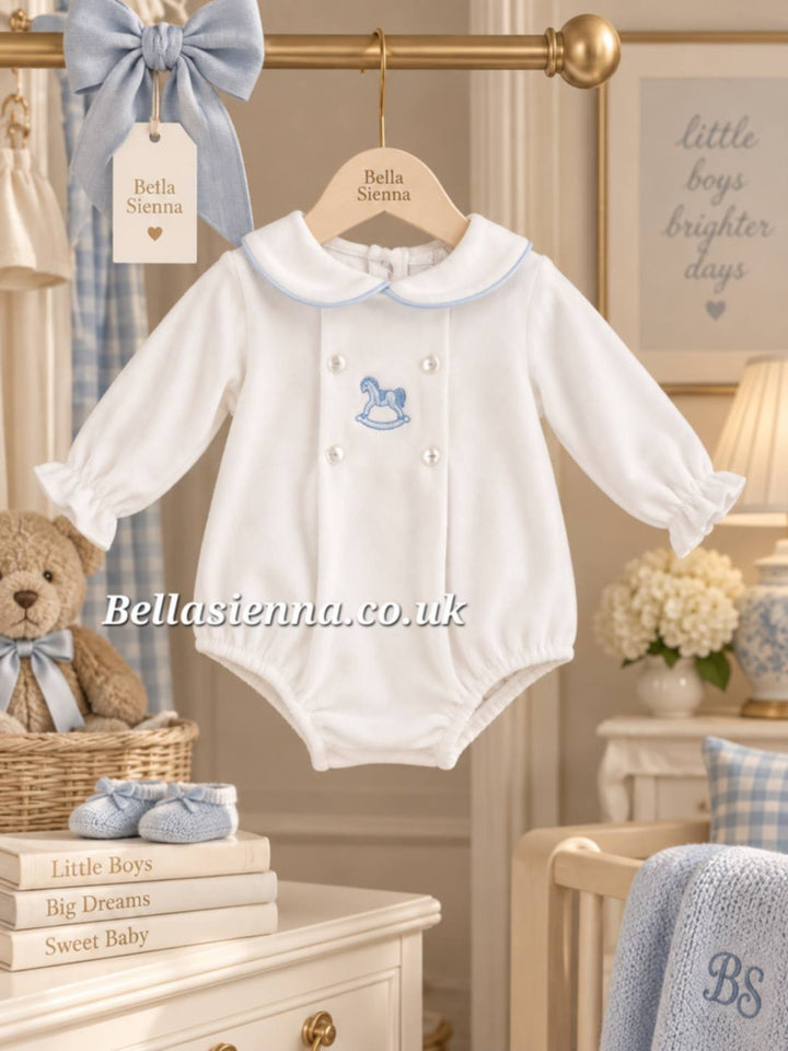 White & Blue Rocking Horse Velour Romper - "George"