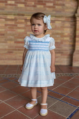 Naxos Hand Smocked White & Blue Dress - 7332