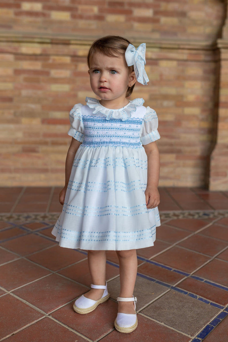 Naxos Hand Smocked White & Blue Dress - 7332