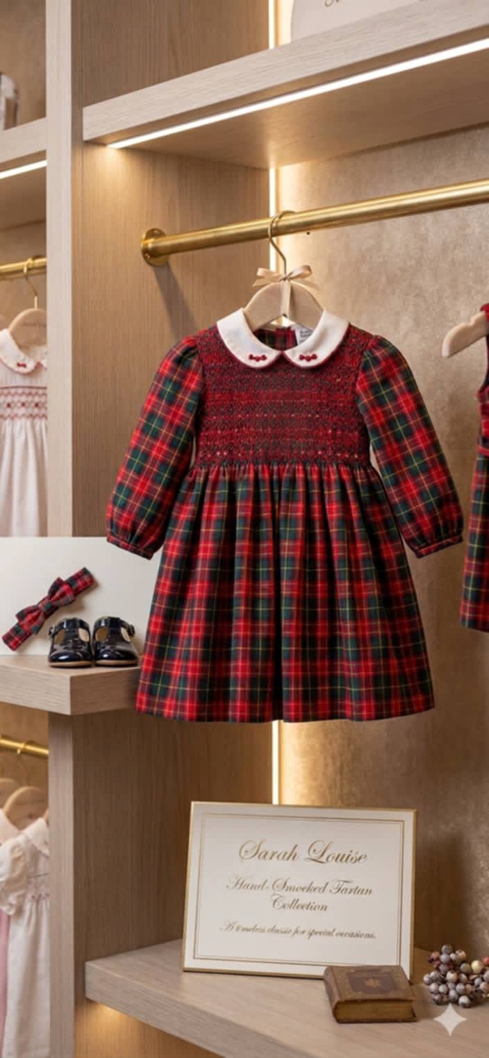 Sarah Louise Girls Red & Bottle Green Tartan Hand Smocked Dress - 013970