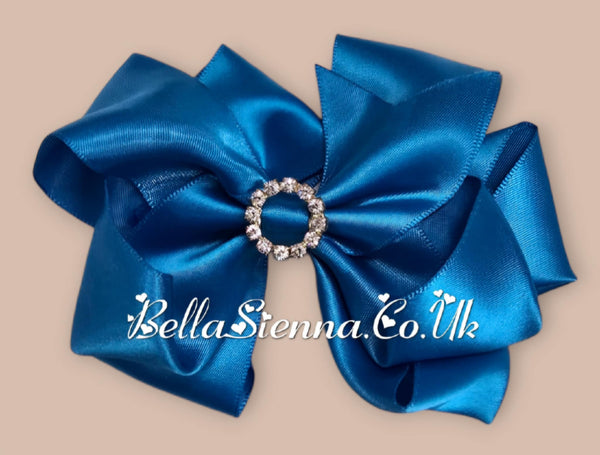 Bowtique London 4 Inch Blue Satin Medium Size Hair Bow With Diamanté Centre