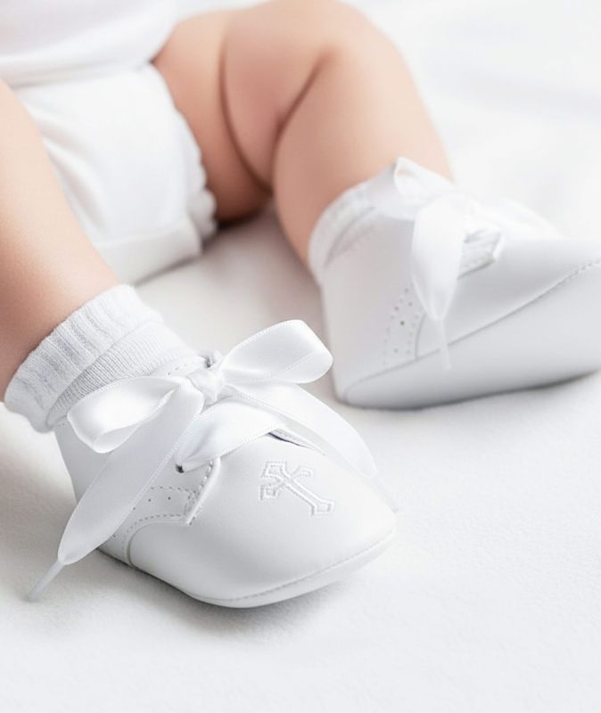 White Christening/Baptism Soft Sole Pram Shoes With Cross - 912